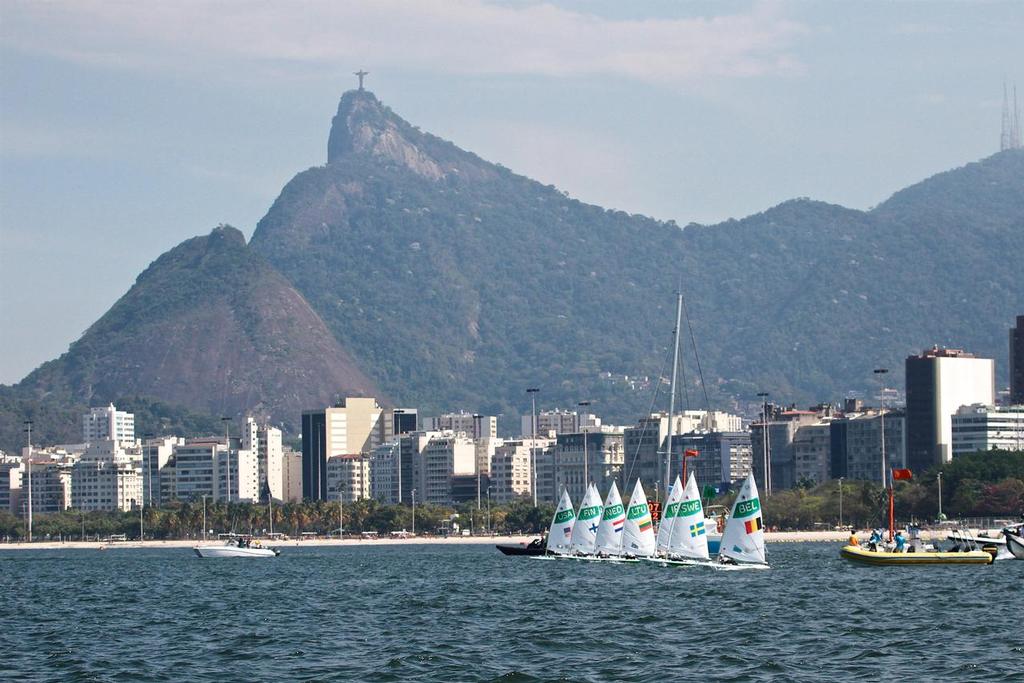 Laser Radial fleet gets under way in the Medal race under the statue of Christ the Redeemer © Richard Gladwell www.photosport.co.nz